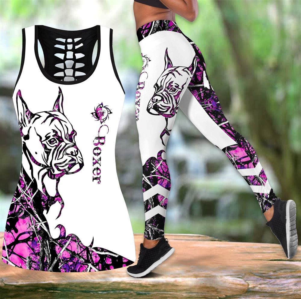 Boxer Pink Tattoos Workout Set Hollow Tank Top And Leggings For Men Or Women Perfect Gift For Dog Lovers