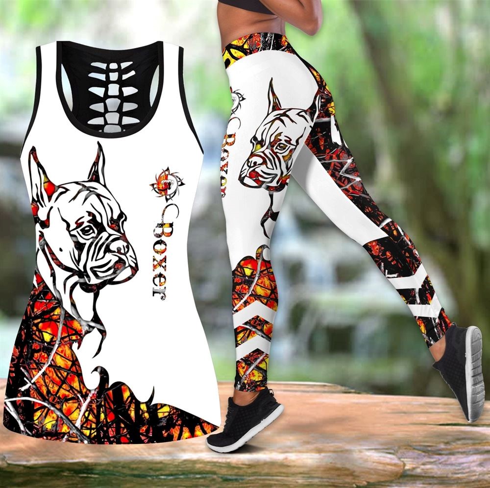 Boxer Orange Tattoos Workout Set Hollow Tank Top And Leggings For Men Or Women Gift For Dog Lovers