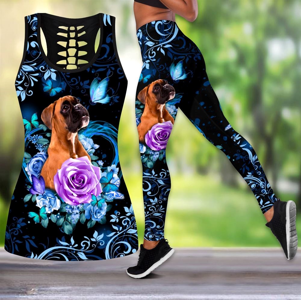 Boxer Butterfly With Rose Workout Set Hollow Tank Top And Leggings For Men Or Women Dog Lovers Gift