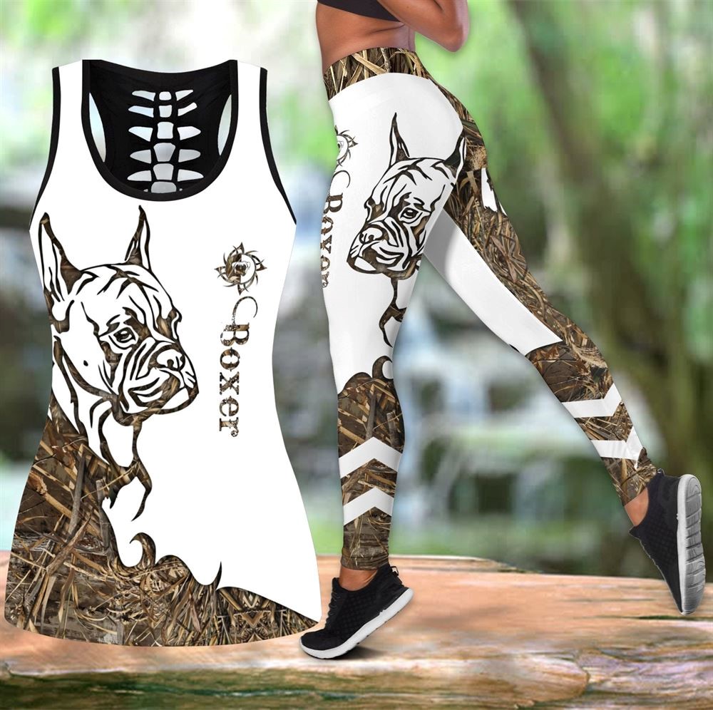 Boxer Brown Tattoos Workout Set Hollow Tank Top And Leggings For Men Or Women Perfect Gift For Dog Lovers