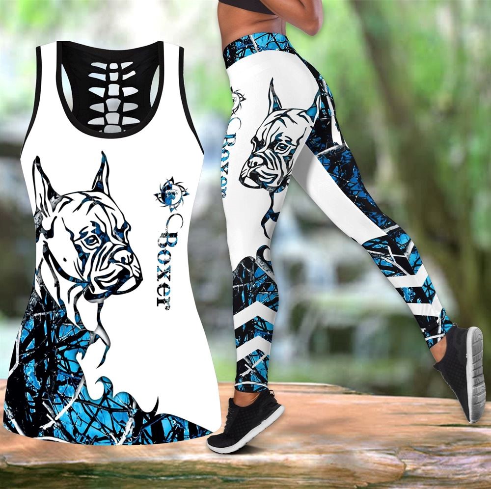 Boxer Blue Tattoos Workout Set Hollow Tank Top And Leggings For Men Or Women Gift For Dog Lovers