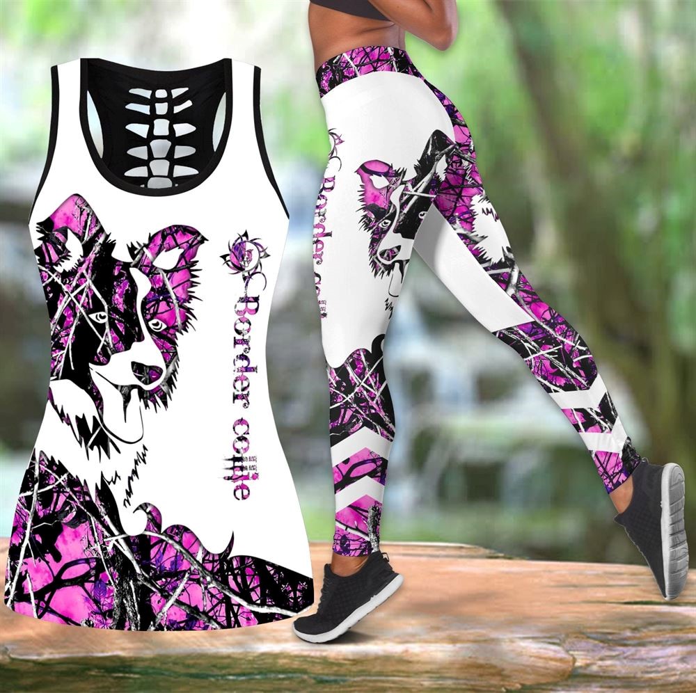 Border Collie Pink Tattoos Workout Set Hollow Tank Top And Leggings For Men Or Women Dog Lovers Gift