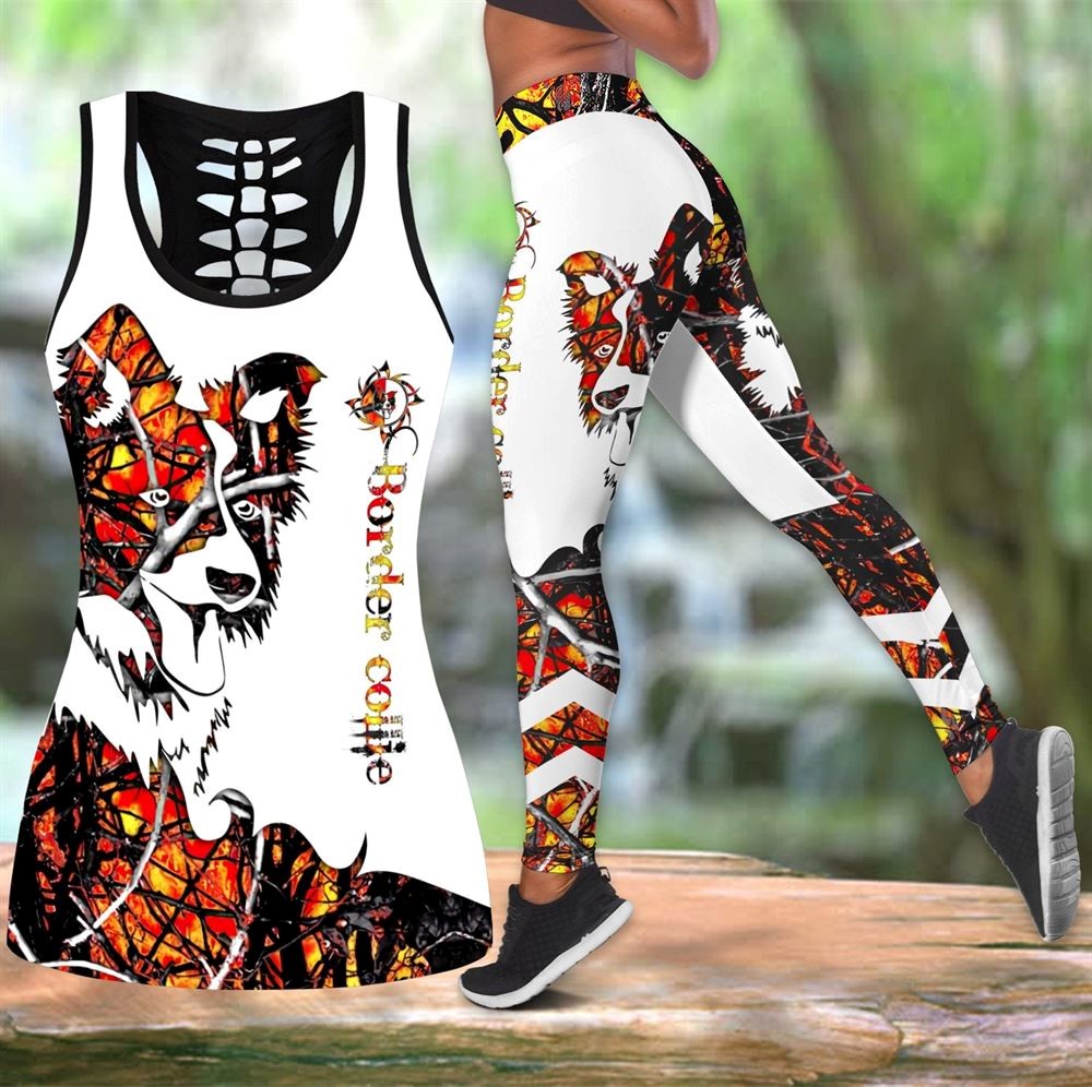 Border Collie Orange Tattoos Workout Set Hollow Tank Top And Leggings For Men Or Women Gift For Dog Lovers