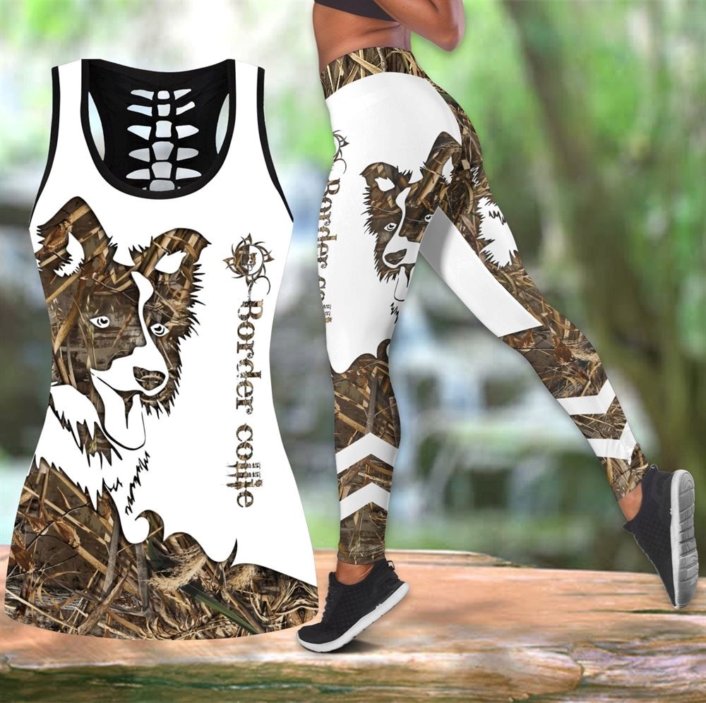 Border Collie Brown Tattoos Workout Set Hollow Tank Top And Leggings For Men Or Women Dog Lovers Gift