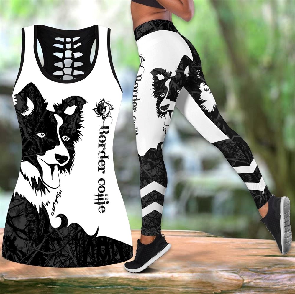 Border Collie Black Tattoos Workout Set Hollow Tank Top And Leggings For Men Or Women Dog Lovers Gift