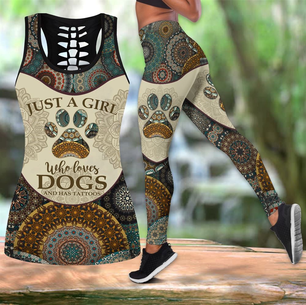 Boho Girl Loves Dogs Tattoos Workout Set Hollow Tank Top And Leggings For Men Or Women Perfect Gift For Dog Lovers