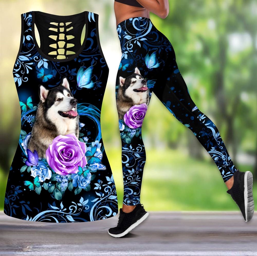 Alaskan Malamute Butterfly Workout Set Hollow Tank Top And Leggings For Men Or Women Gift For Dog Lovers