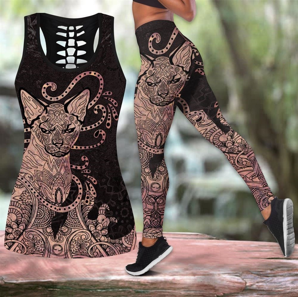 Sphynx Cat Tattoos Workout Set All Over Printed Tank Top And Leggings For Women Perfect Gift For Cat Lovers