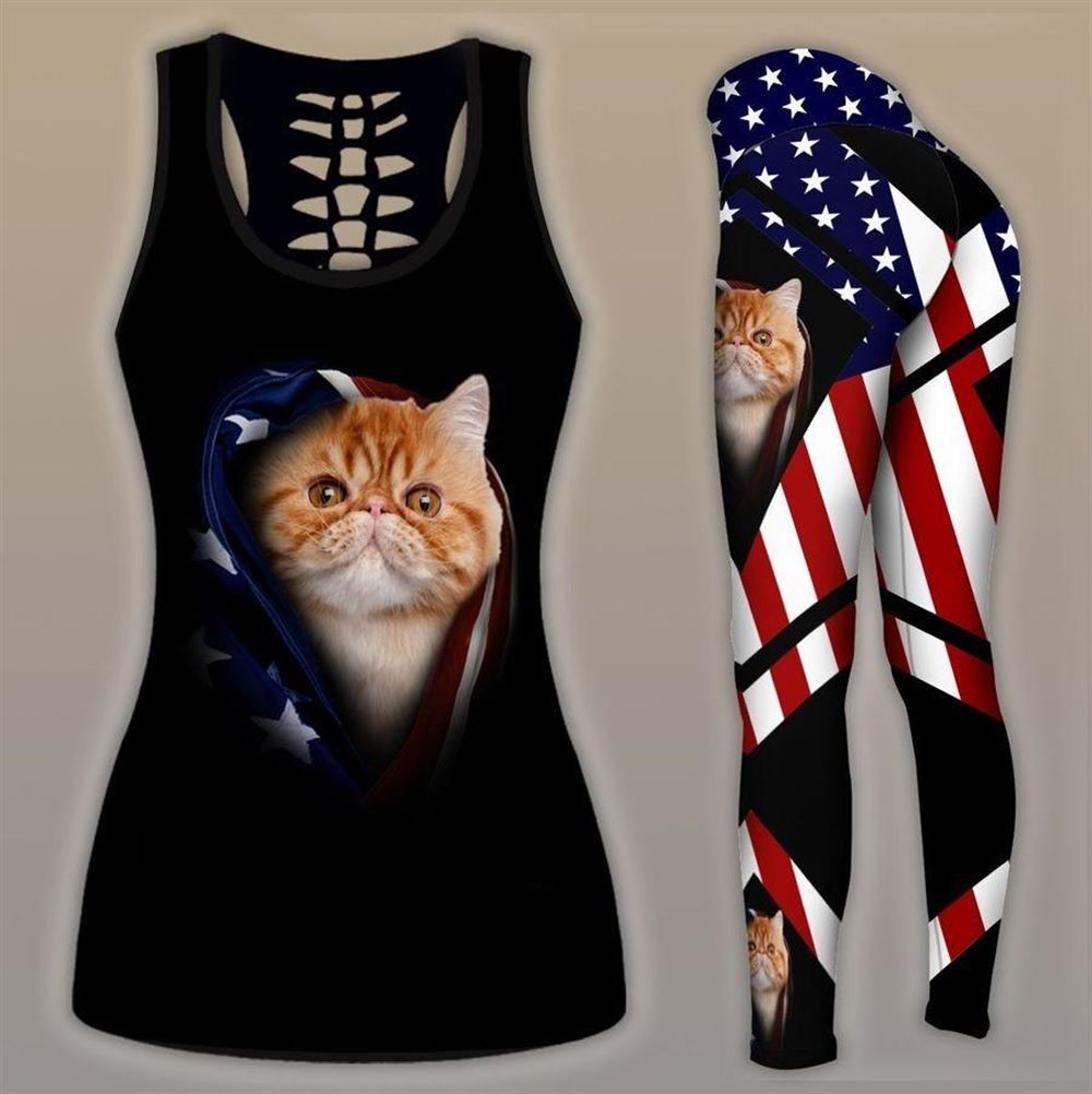 Persian Cat With American Flag Workout Set All Over Printed Tank Top And Leggings For Women Cat Lovers Gift