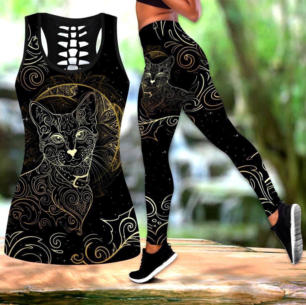 Mystery Cat Tattoos Workout Set All Over Printed Tank Top And Leggings For Women Gift For Cat Lovers