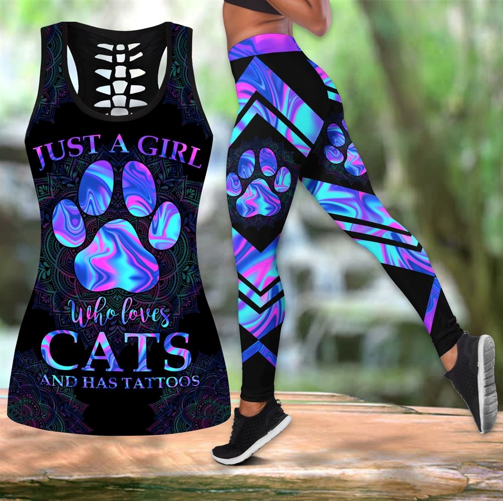 Girl Loves Cats Tattoos Workout Set All Over Printed Tank Top And Leggings For Women Perfect Gift For Cat Lovers