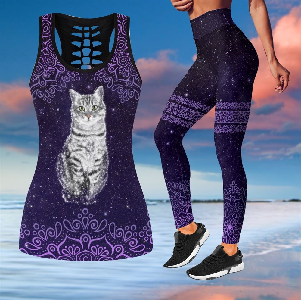 Galaxy Cat Workout Set All Over Printed Tank Top And Leggings For Women Cat Lovers Gift