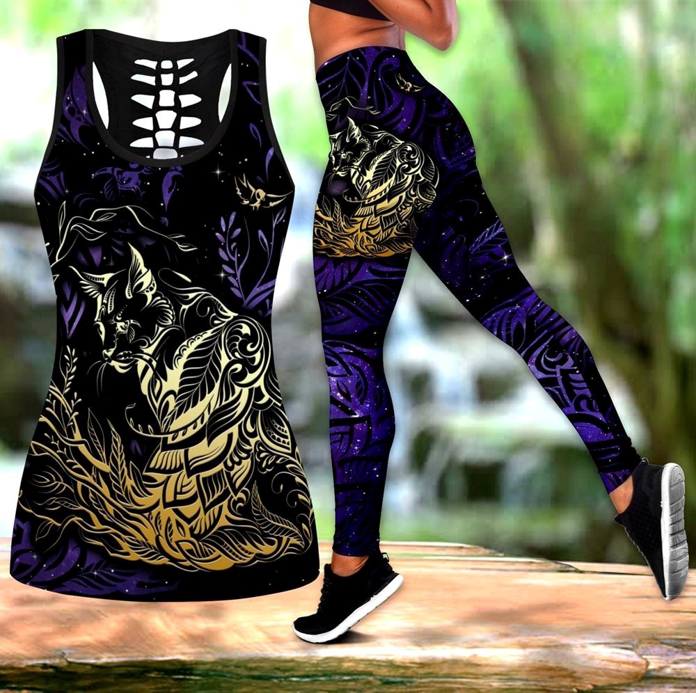 Black Cat Tattoos Workout Set All Over Printed Tank Top And Leggings For Women Gift For Cat Lovers