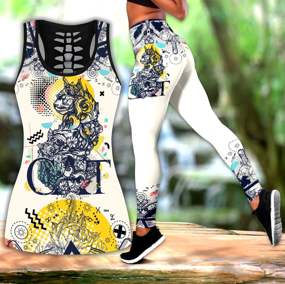 Cat Tattoos Workout Set All Over Printed Tank Top And Leggings For Women Perfect Gift For Cat Lovers