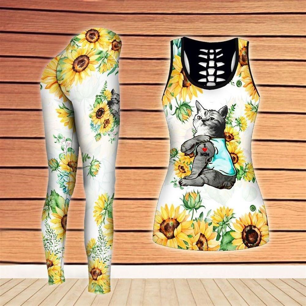 Cat With Sunflower Crown Workout Set All Over Printed Tank Top And Leggings For Women Cat Lovers Gift