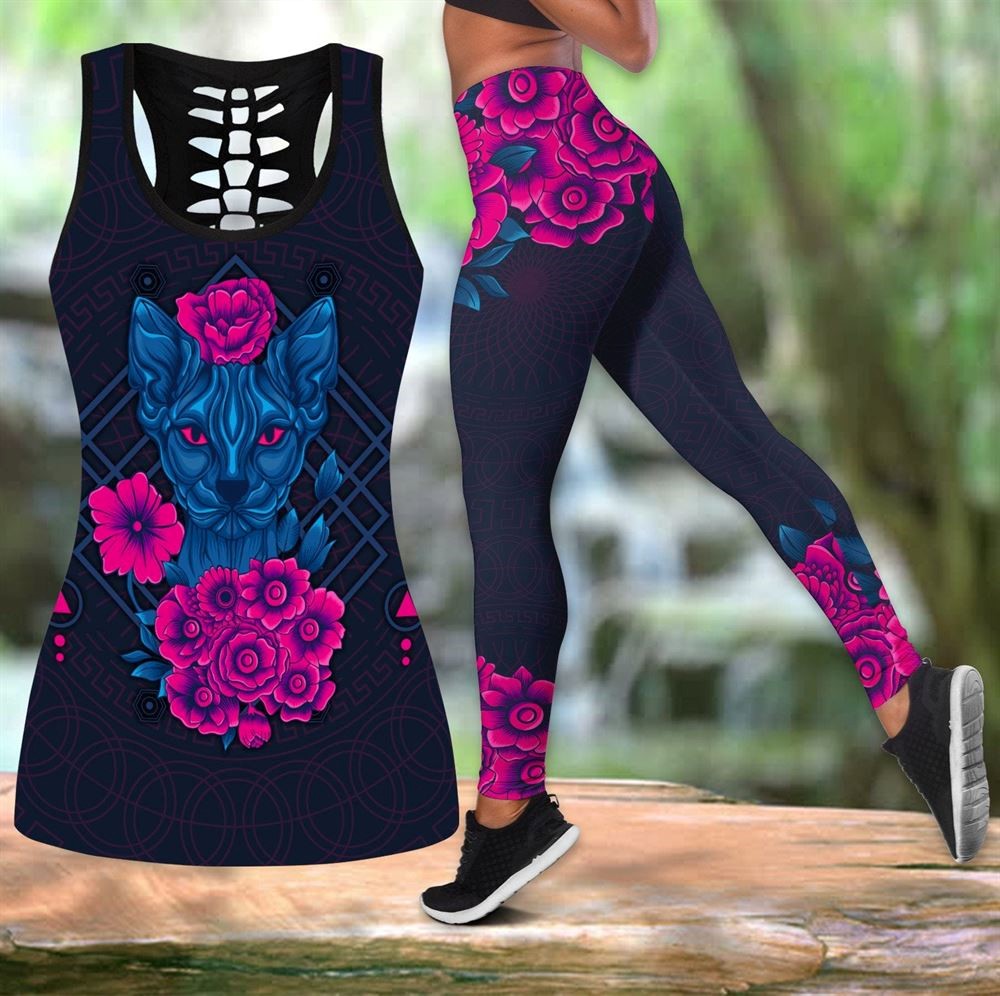 Cat And Flower Tattoos Workout Set All Over Printed Tank Top And Leggings For Women Perfect Gift For Cat Lovers