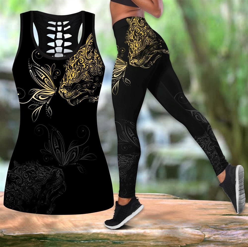 Cat And Butterfly Tattoos Workout Set All Over Printed Tank Top And Leggings For Women Cat Lovers Gift