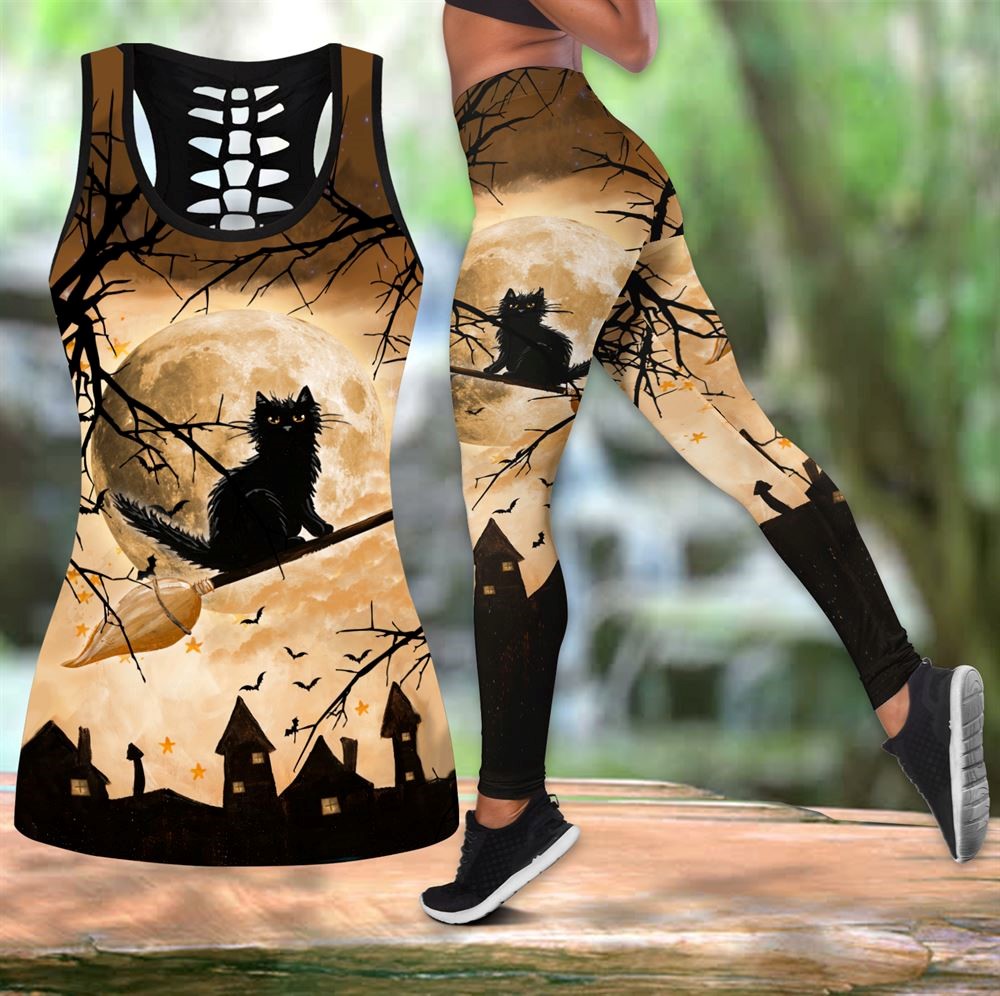 Black Cat Workout Set All Over Printed Tank Top And Leggings For Women Perfect Gift For Cat Lovers